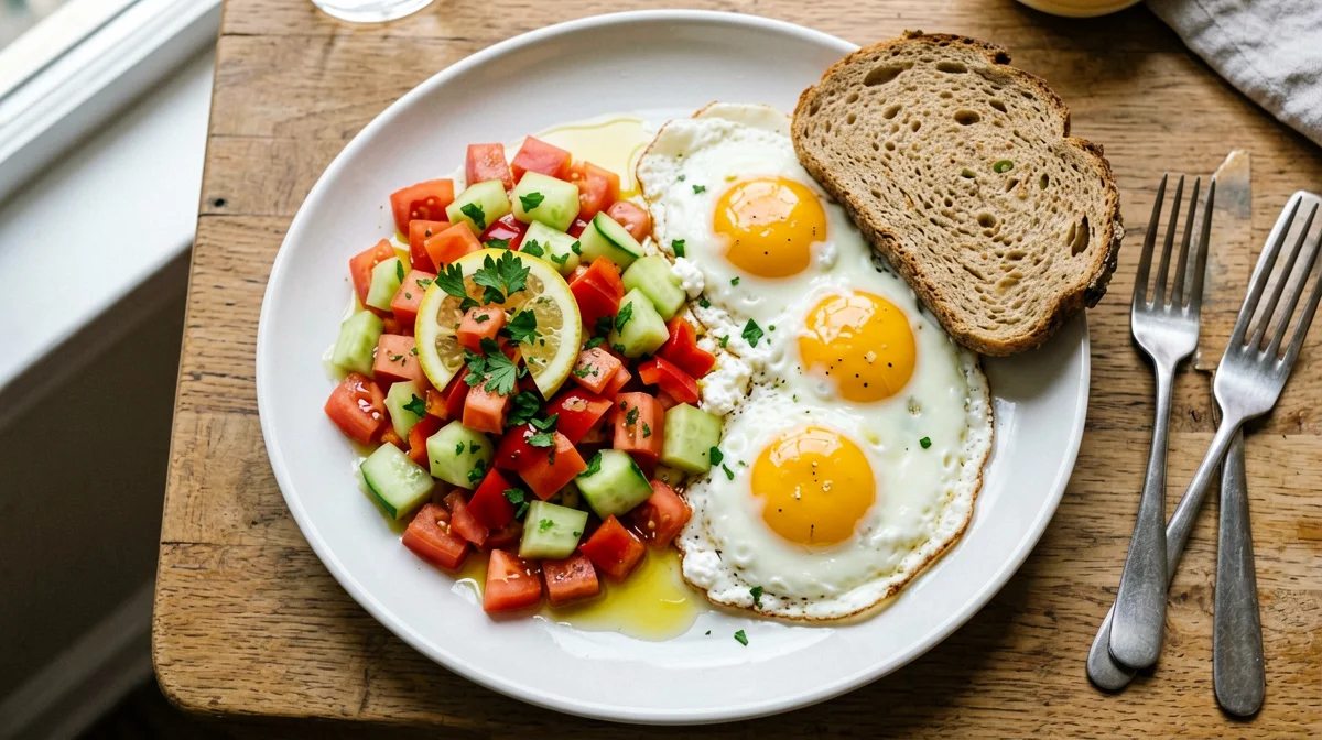 Israeli breakfast with chopped salad, eggs and cottage cheese