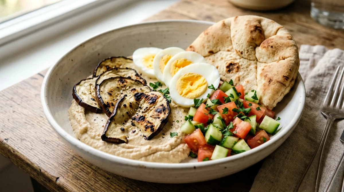 Sabich bowl con melanzane al forno, uovo e hummus