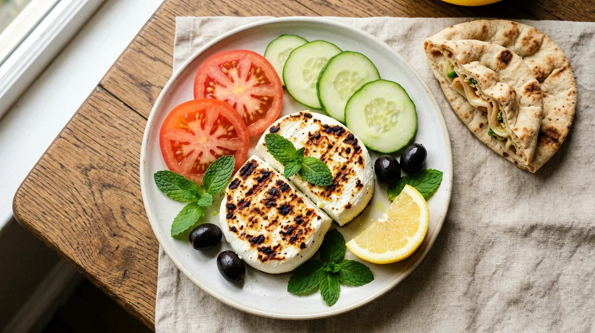 Halloumi alla piastra con pomodori, cetriolo e menta