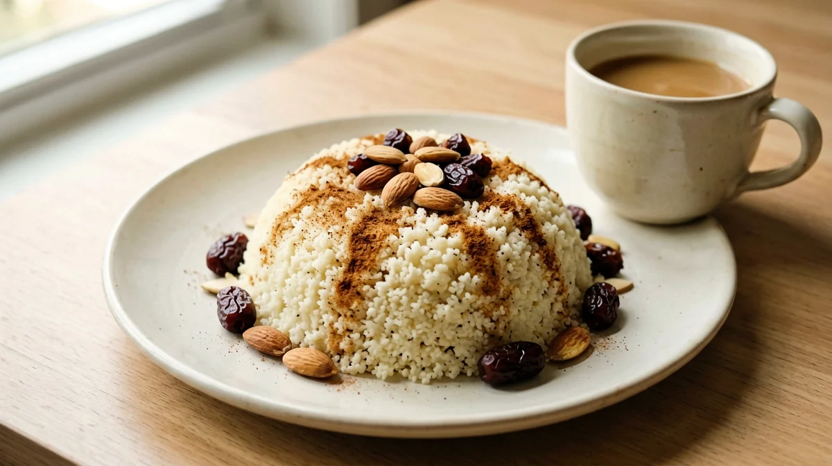 Seffa marocchina leggera di couscous con latte, cannella e datteri