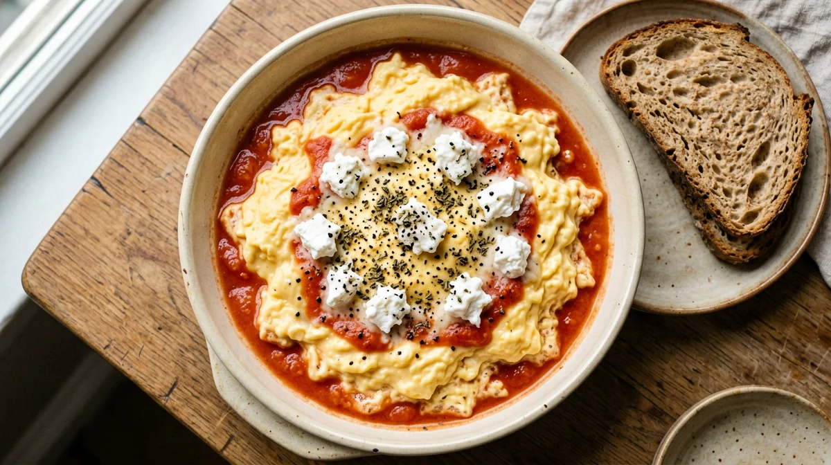 Strapatsada greca: uova strapazzate con pomodoro e feta