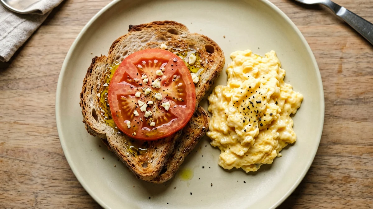 Pan con tomate e uova strapazzate alla catalana