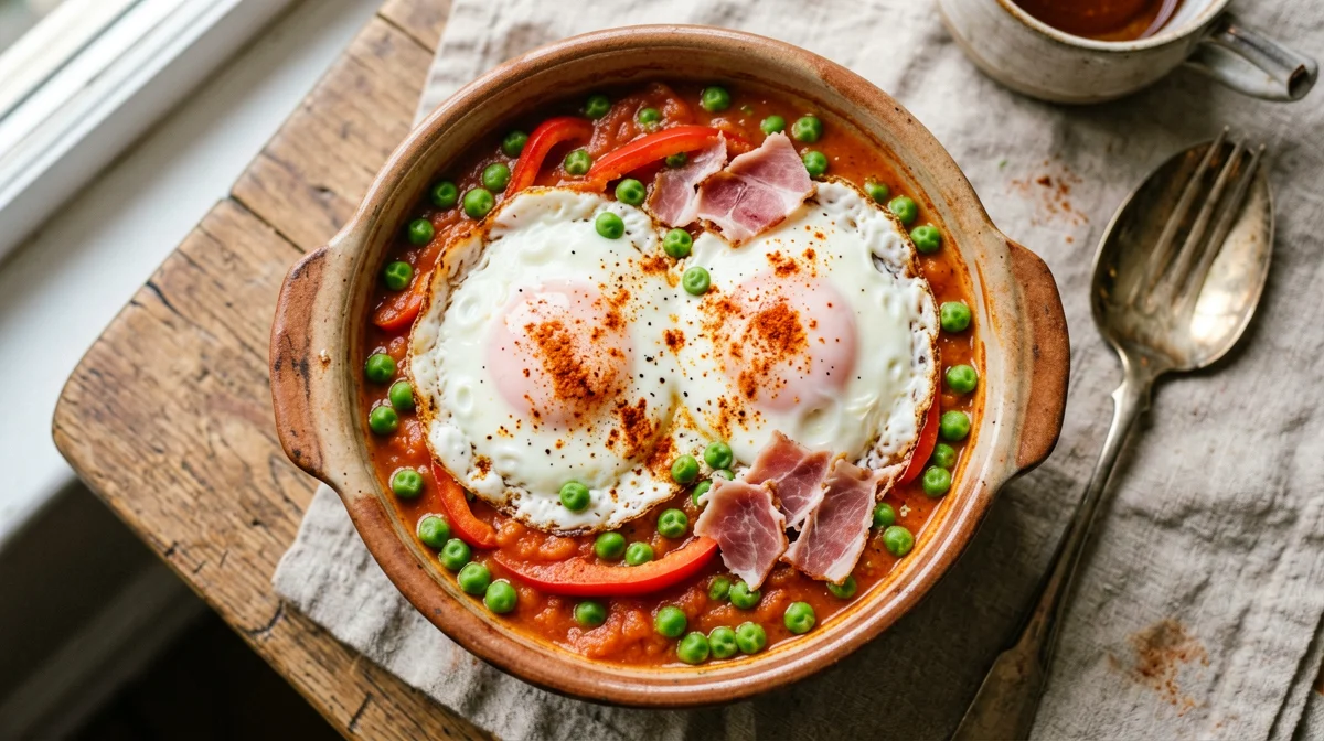 Huevos a la flamenca con piselli e peperoni