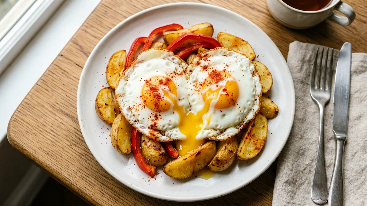Light huevos rotos with oven potatoes and peppers