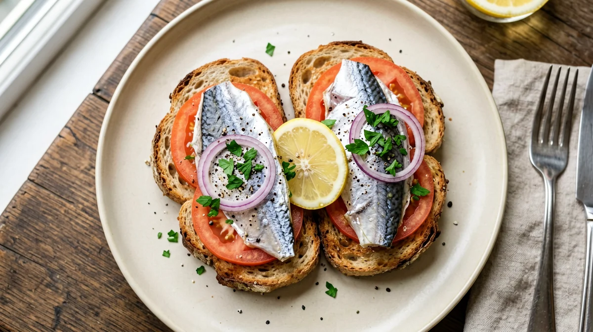 Toast alla portoghese con sardine, pomodoro e prezzemolo