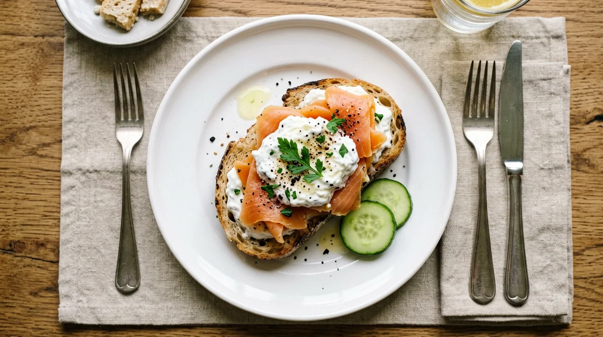 Smoked salmon smørrebrød with skyr and cucumber