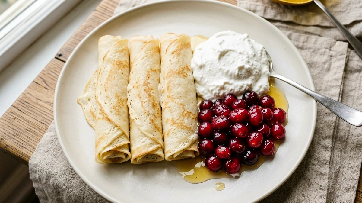 Pancake svedesi sottili con mirtilli rossi e skyr