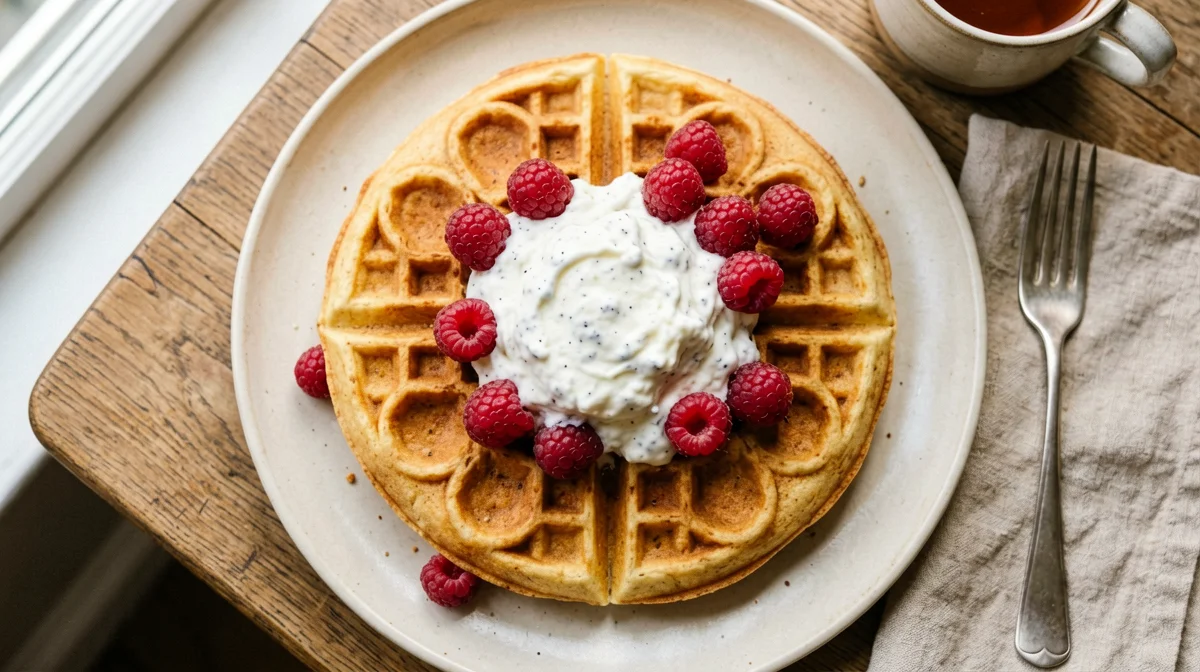 Norwegian cardamom waffles with skyr and raspberries