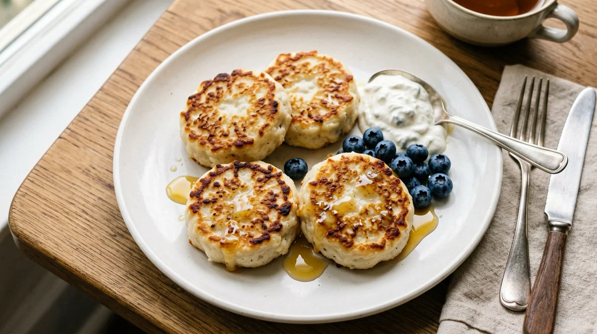 Russian quark syrniki with yogurt and berries