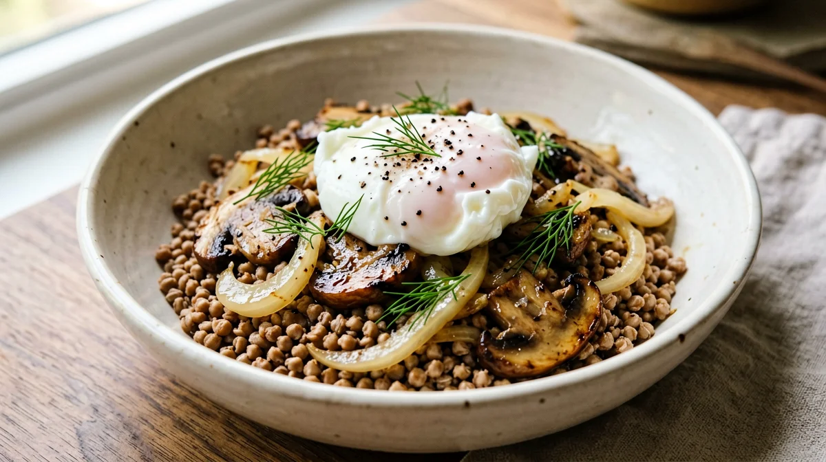 Kasha di grano saraceno con funghi e uovo