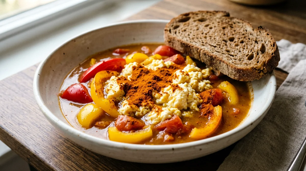 Hungarian lecsó with peppers and eggs