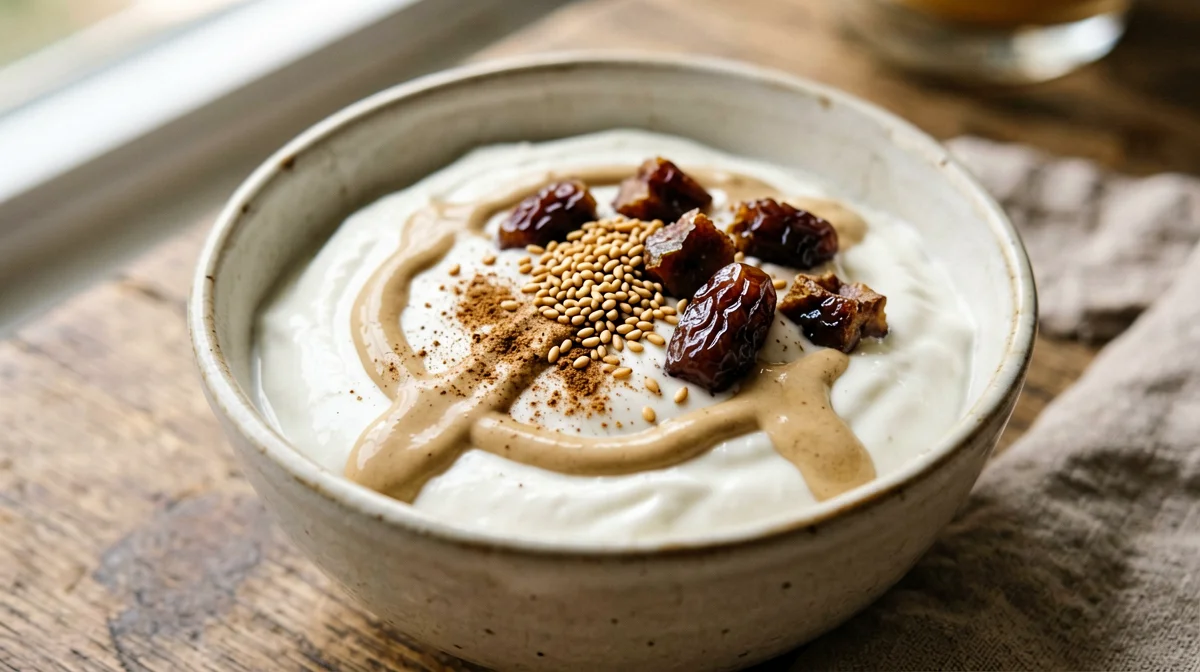 Yogurt con tahini, datteri e sesamo tostato