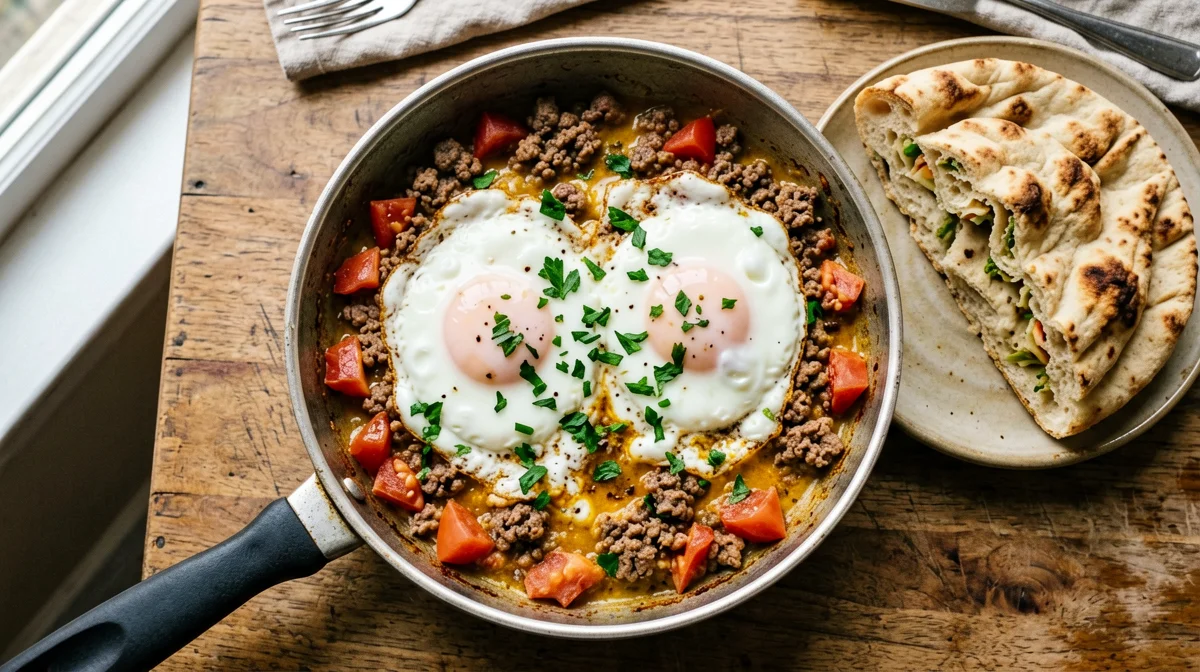 Makhlama irachena con macinato magro, pomodoro e uova