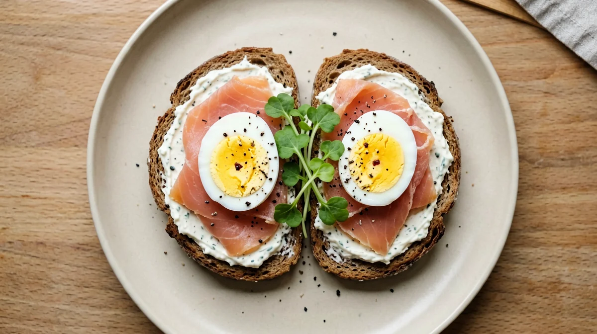 Toast di segale con salmone, uovo e rafano