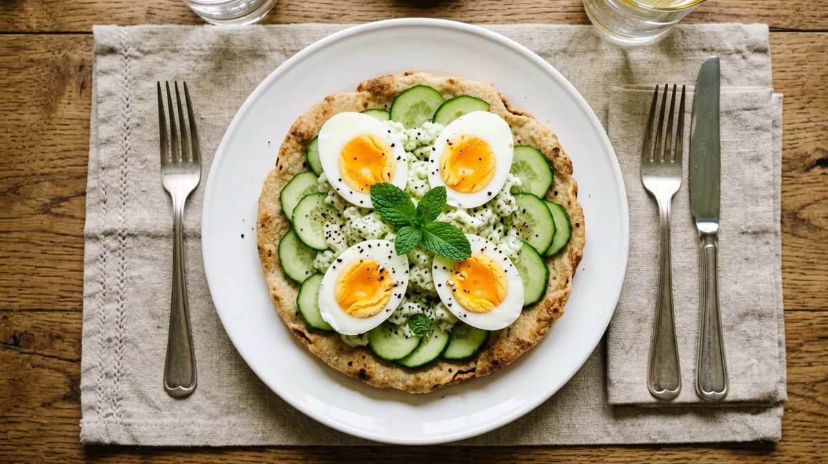 Pitta with boiled eggs, cucumber and mint cacık
