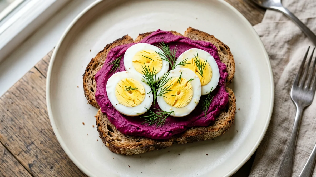 Beetroot hummus with boiled egg on rye