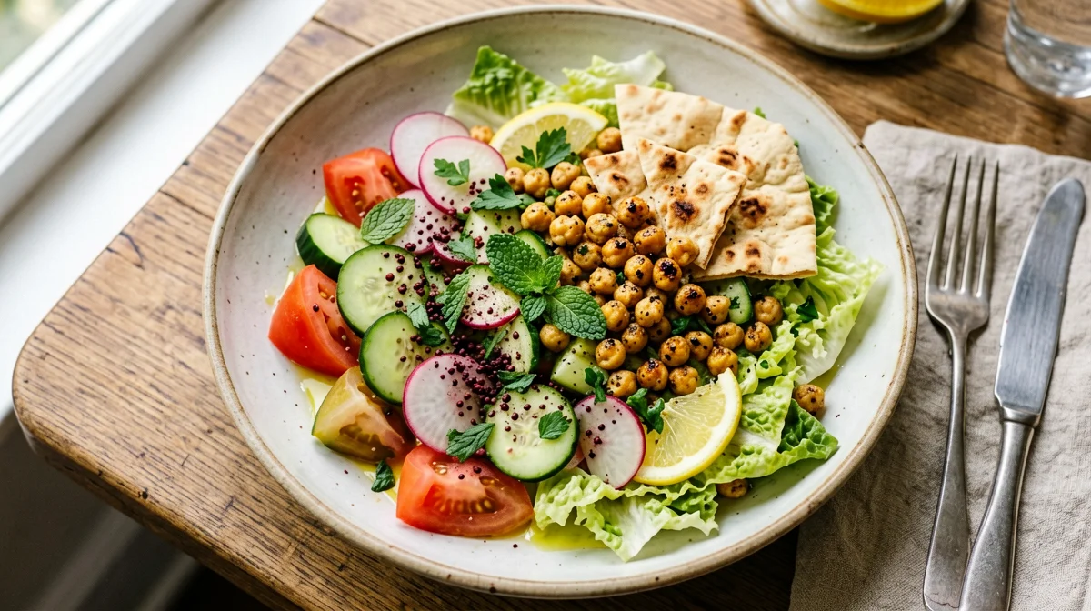 Fattoush da colazione con ceci croccanti e pita