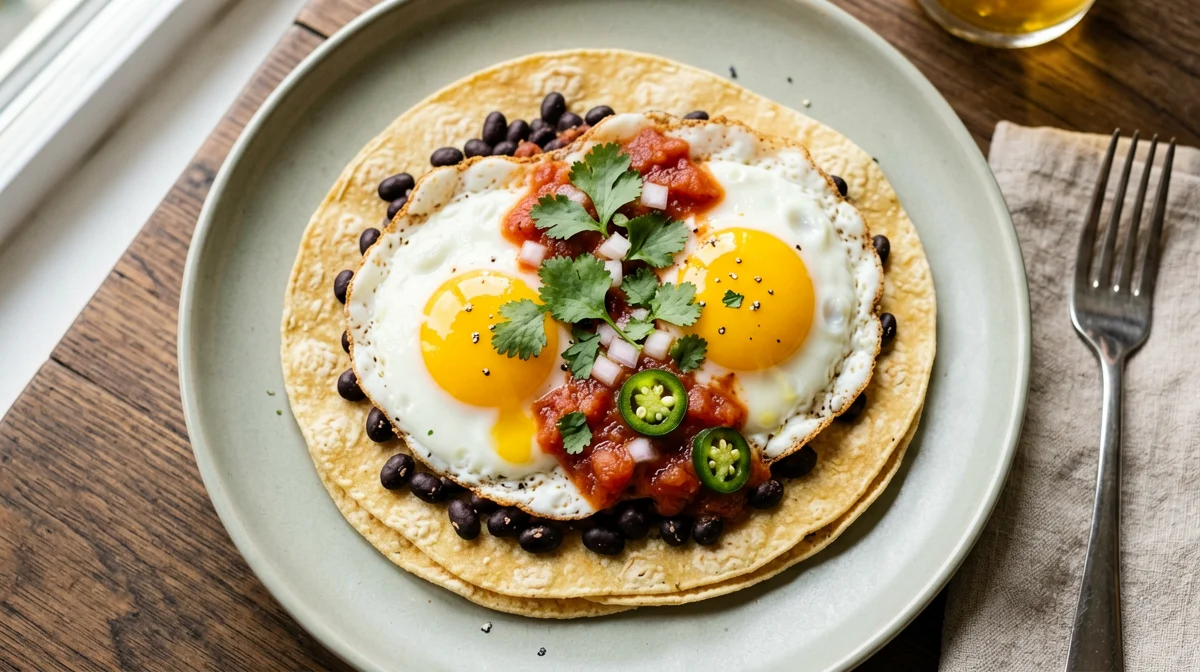 Huevos rancheros leggeri con fagioli neri