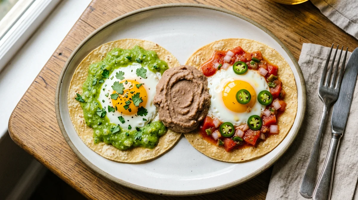Huevos divorciados with green and red salsa