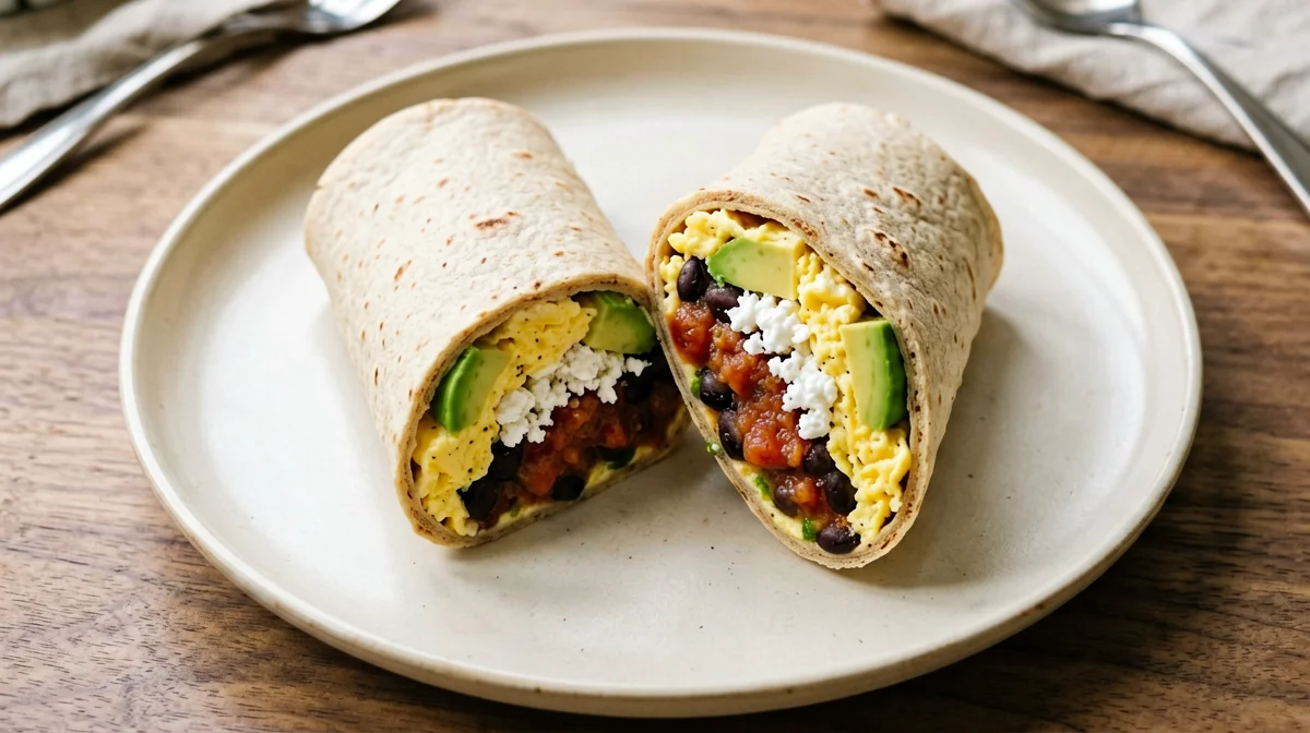 Breakfast burrito integrale con uova, fagioli e salsa