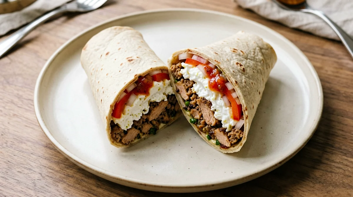 Breakfast burrito di tacchino, albumi e peperoni