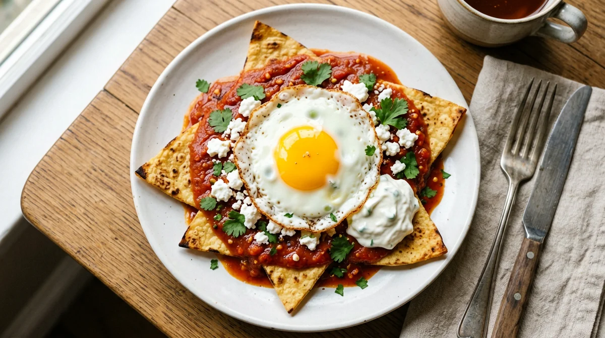 Baked red chilaquiles with egg