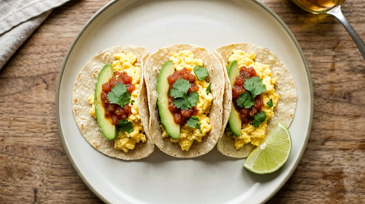 Breakfast tacos with eggs, avocado and salsa