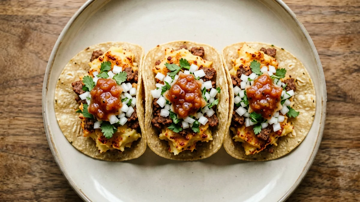 Tacos di patate e chorizo con cipolla e coriandolo