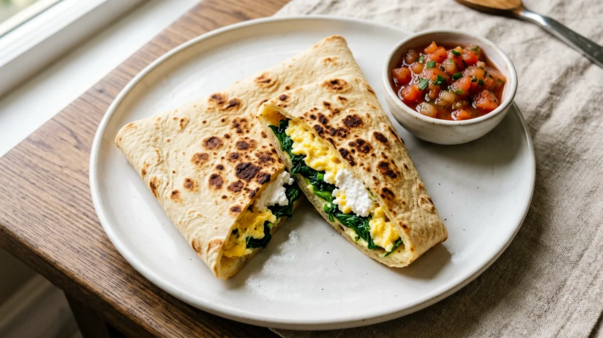 Breakfast quesadilla with spinach, eggs and queso fresco