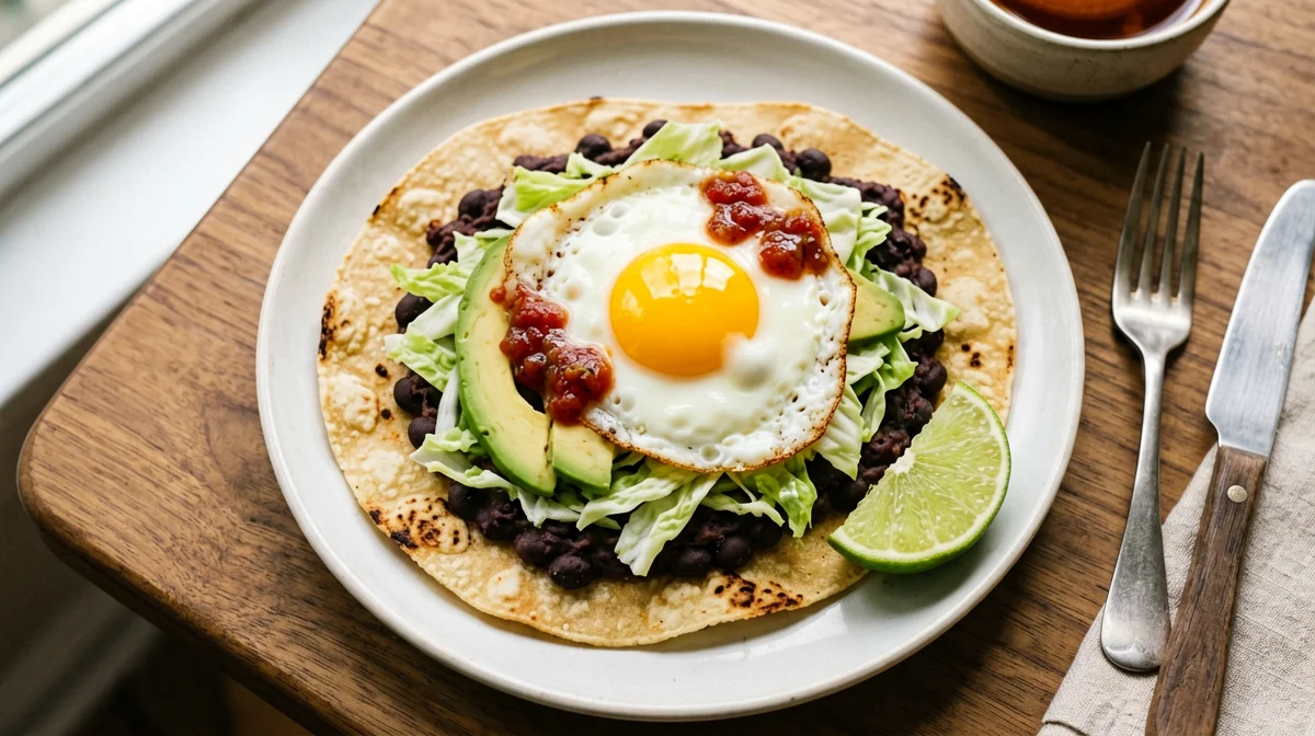 Tostadas con fagioli neri, avocado e uovo