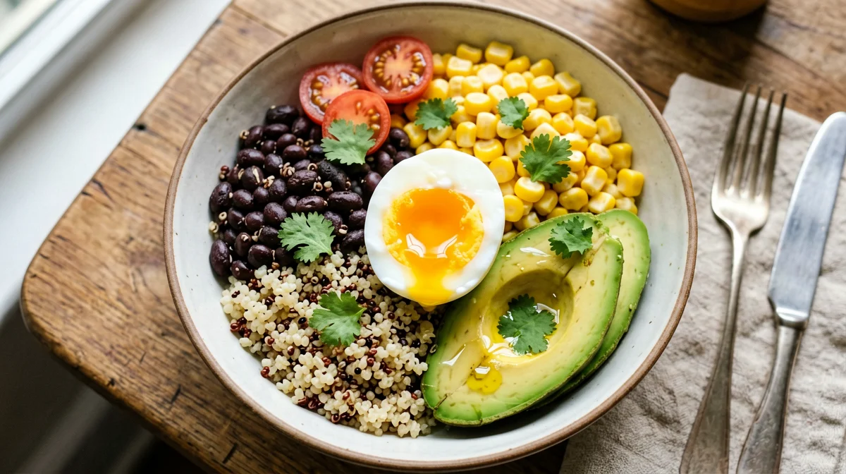 Bowl messicana di quinoa, fagioli neri e uovo