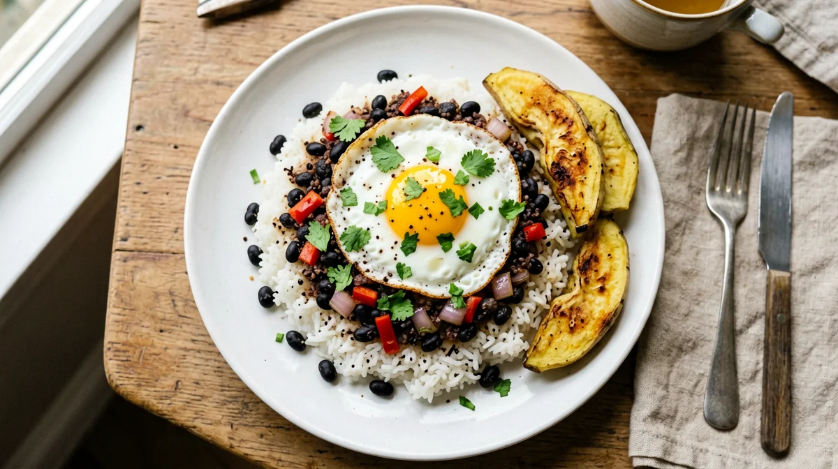 Costa Rican gallo pinto with egg and plantain