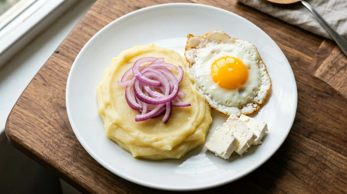 Dominican mangú with red onions and egg