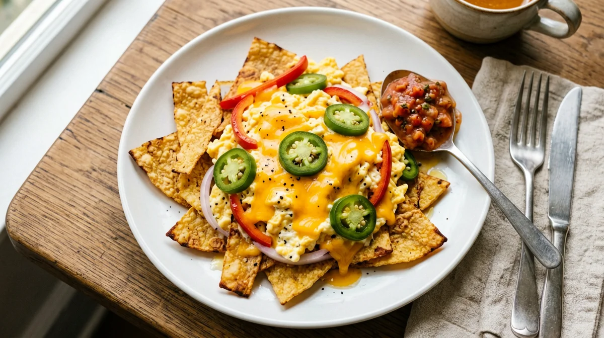 Tex-Mex migas with corn tortillas and eggs