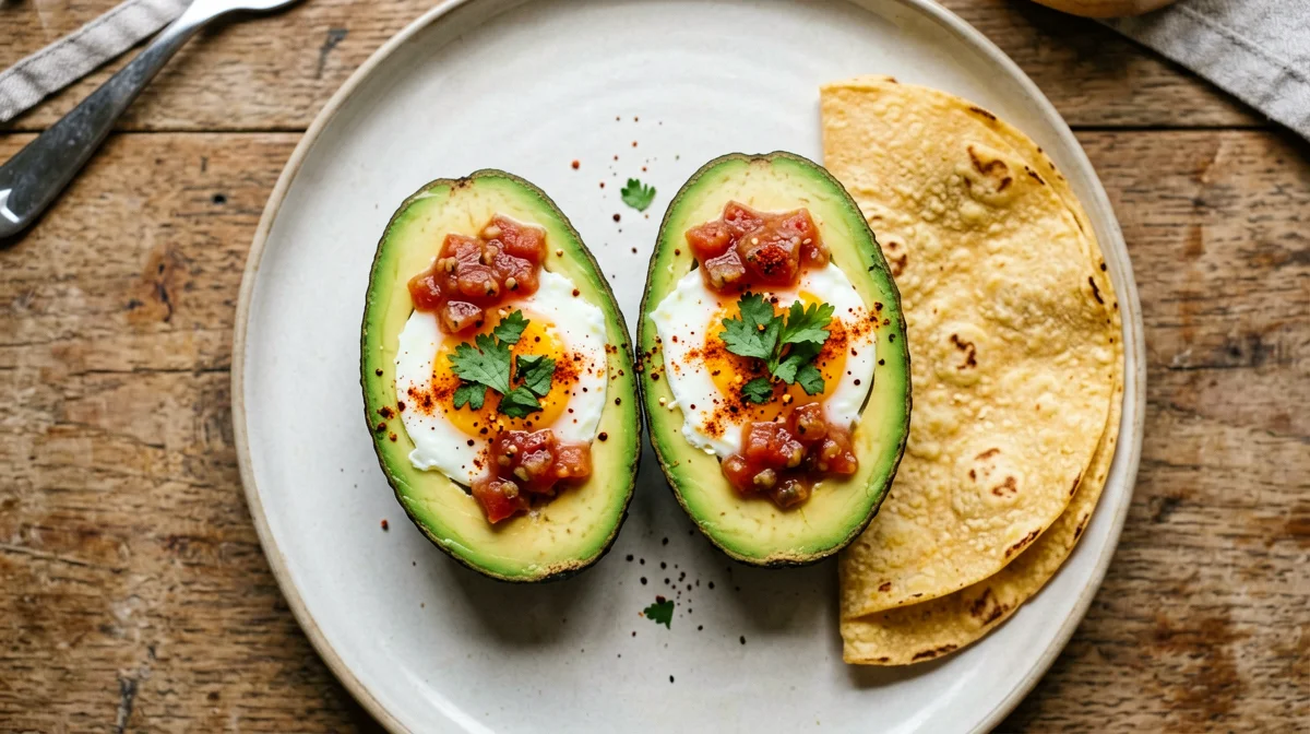 Baked eggs in avocado with salsa