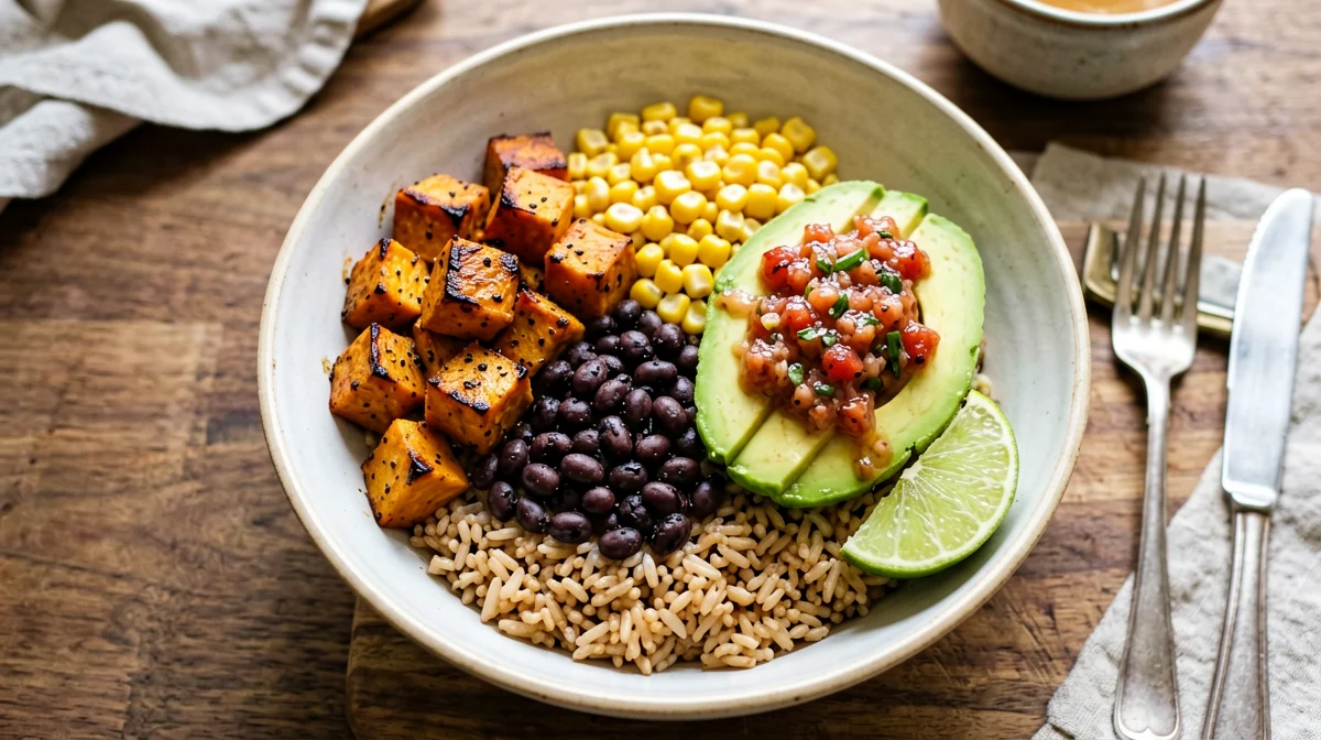Vegan sweet potato and black bean burrito bowl