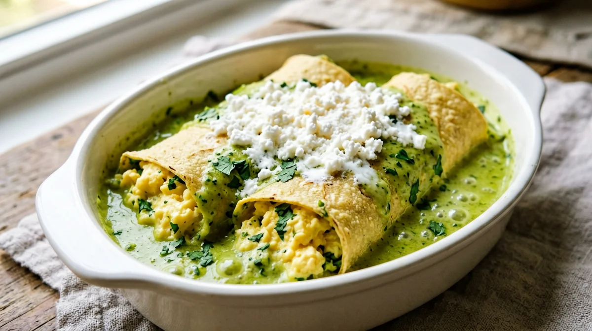 Green breakfast enchiladas with eggs and tomatillo
