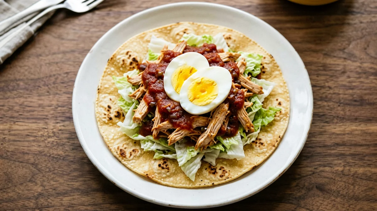 Chicken tinga tostada with egg