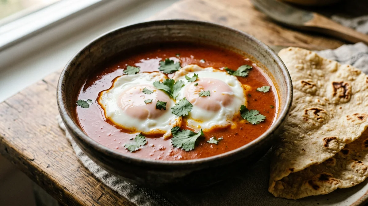 Huevos ahogados in spicy tomato broth