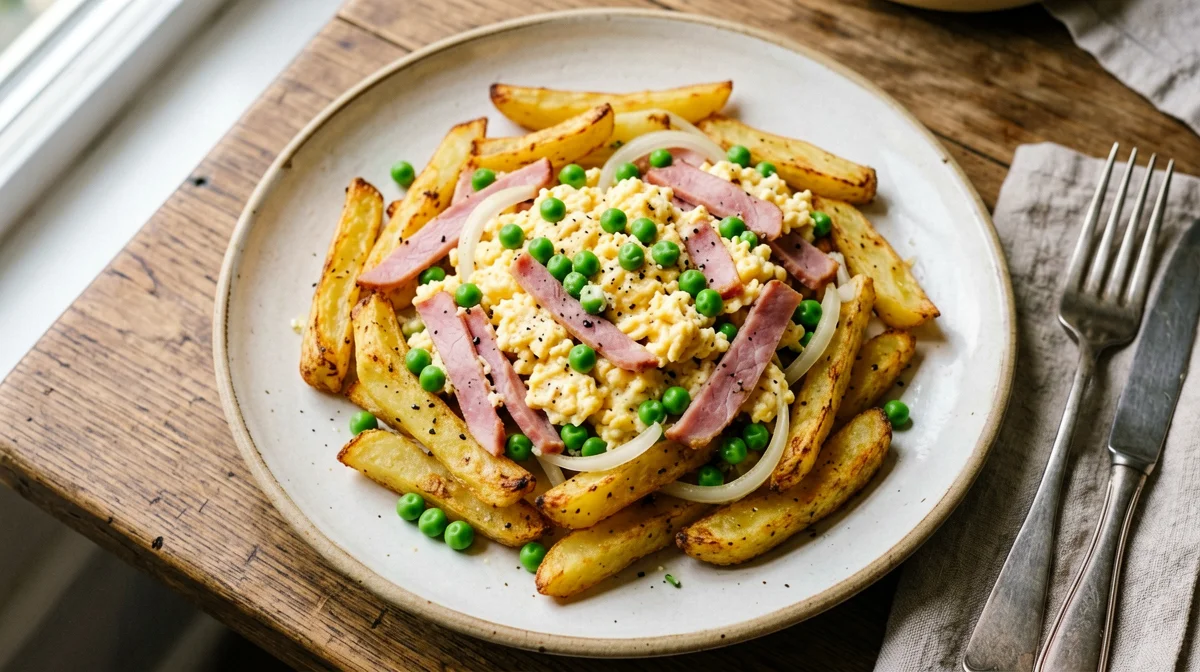 Light revuelto gramajo with oven potatoes and ham