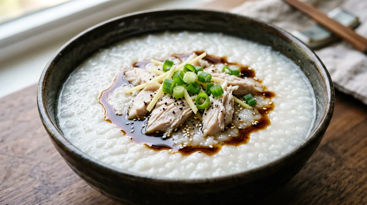 Cantonese congee with cod, ginger and spring onion