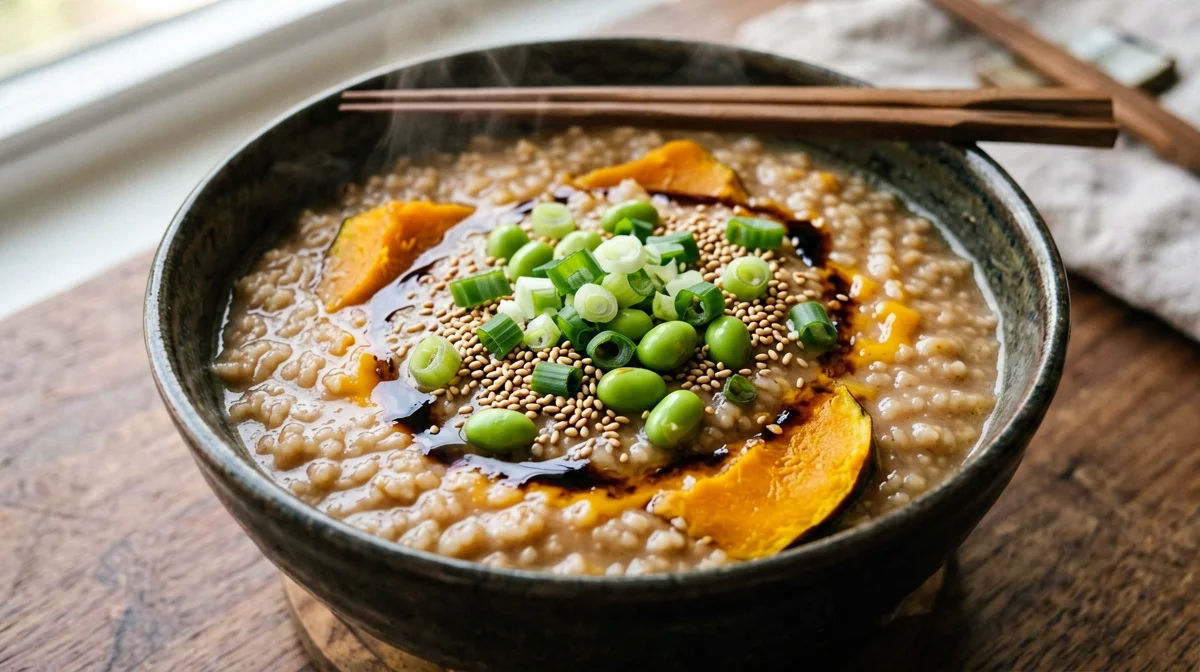 Brown rice congee with pumpkin, edamame and sesame