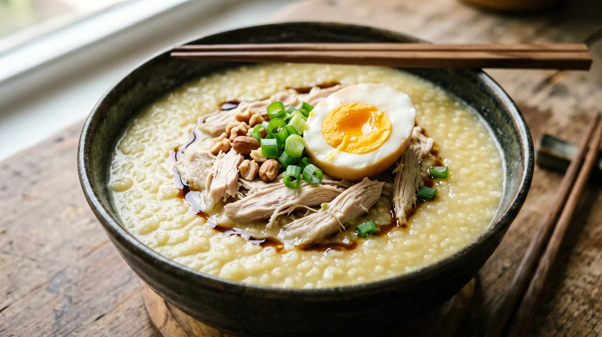 Bubur ayam indonesiano con pollo e uovo