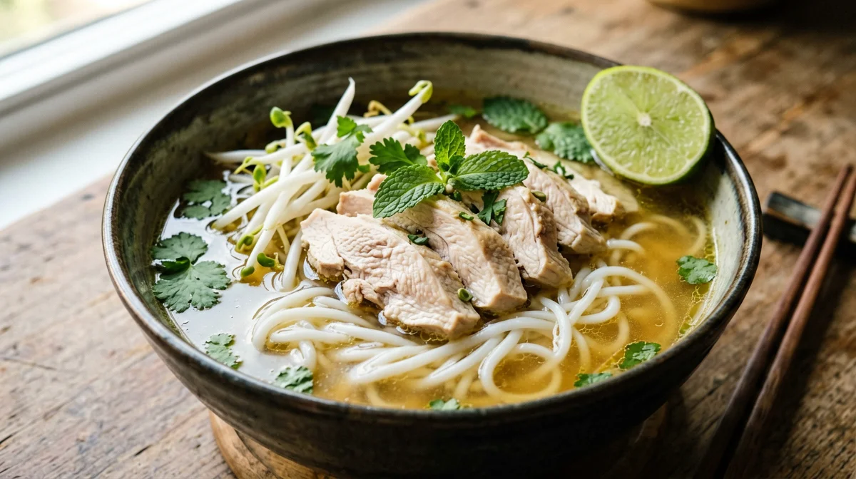 Light breakfast pho gà with chicken and herbs