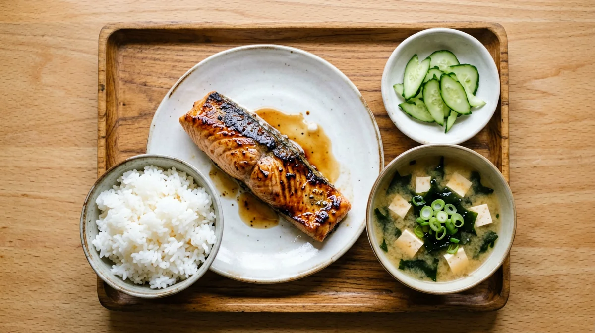 Japanese breakfast with baked salmon, rice and miso soup