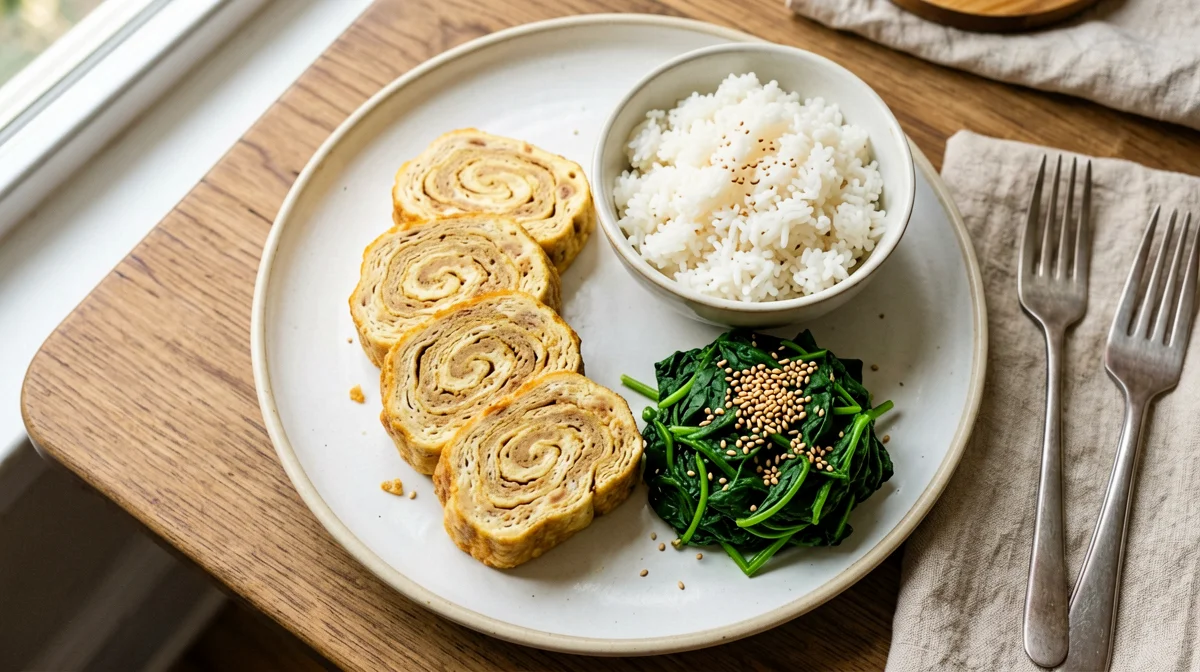 Tamagoyaki arrotolato con riso e spinaci al sesamo