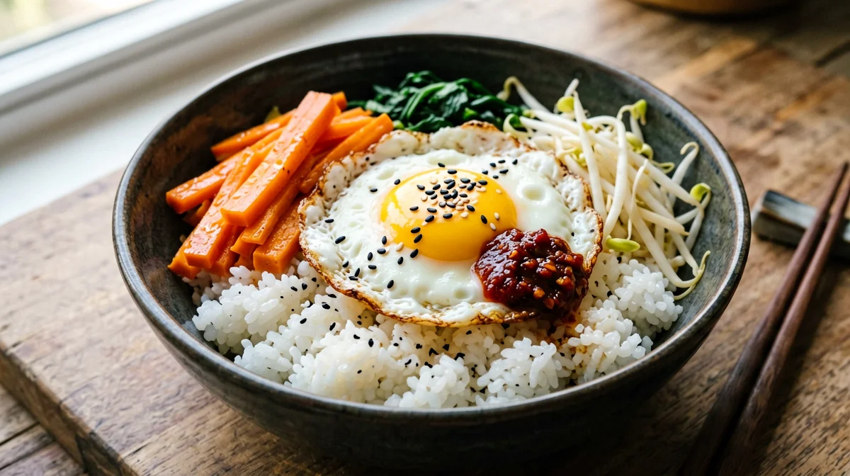 Breakfast bibimbap with egg, spinach and carrots