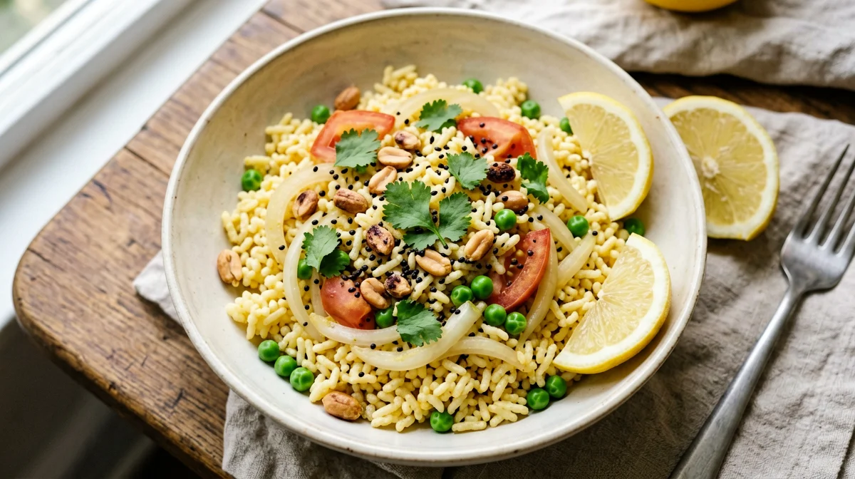 Puffed rice upma with peas and peanuts