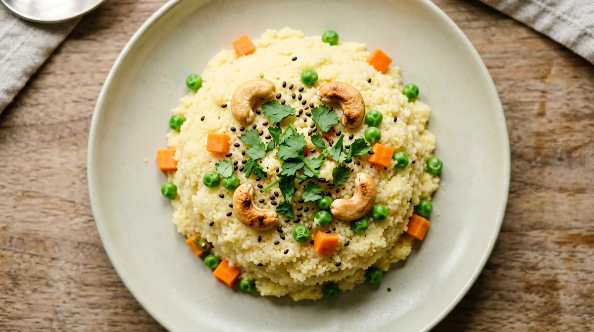Upma di semola con verdure e anacardi