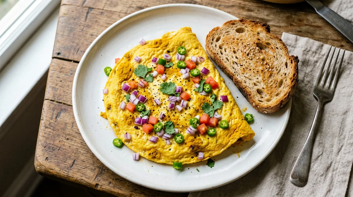 Masala omelette indiana con pomodoro e coriandolo